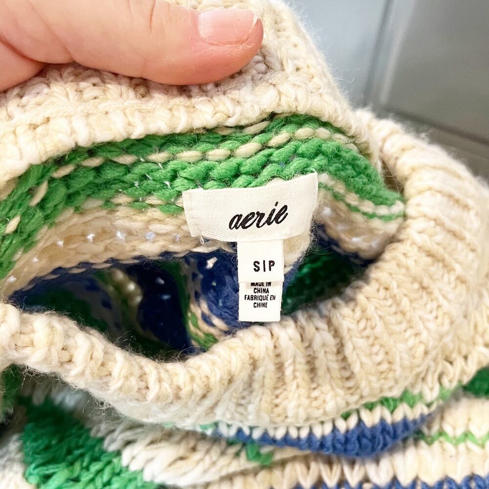 Aerie Long Sleeve Crewneck Chunky Knit Sweater Tan Green Blue Small - Picture 3 of 4